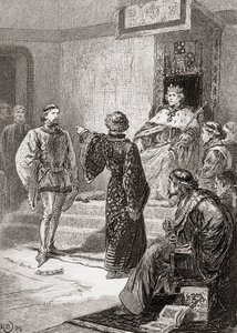 Una escena de la obra de William Shakespeare Rey Ricardo II, Acto 1, Escena 1, Bolingbroke: Cobarde pálido y tembloroso, aquí arrojo mi guante, de Las Obras de William Shakespeare, publicado 1896 de Gordon Frederick Browne